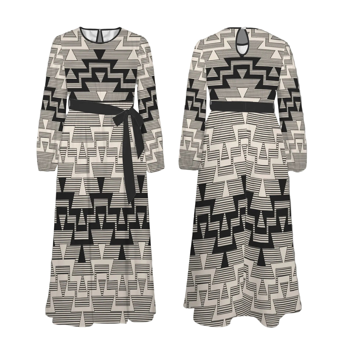White Elk Horn Round Neck Long Sleeve Belted maxi dress