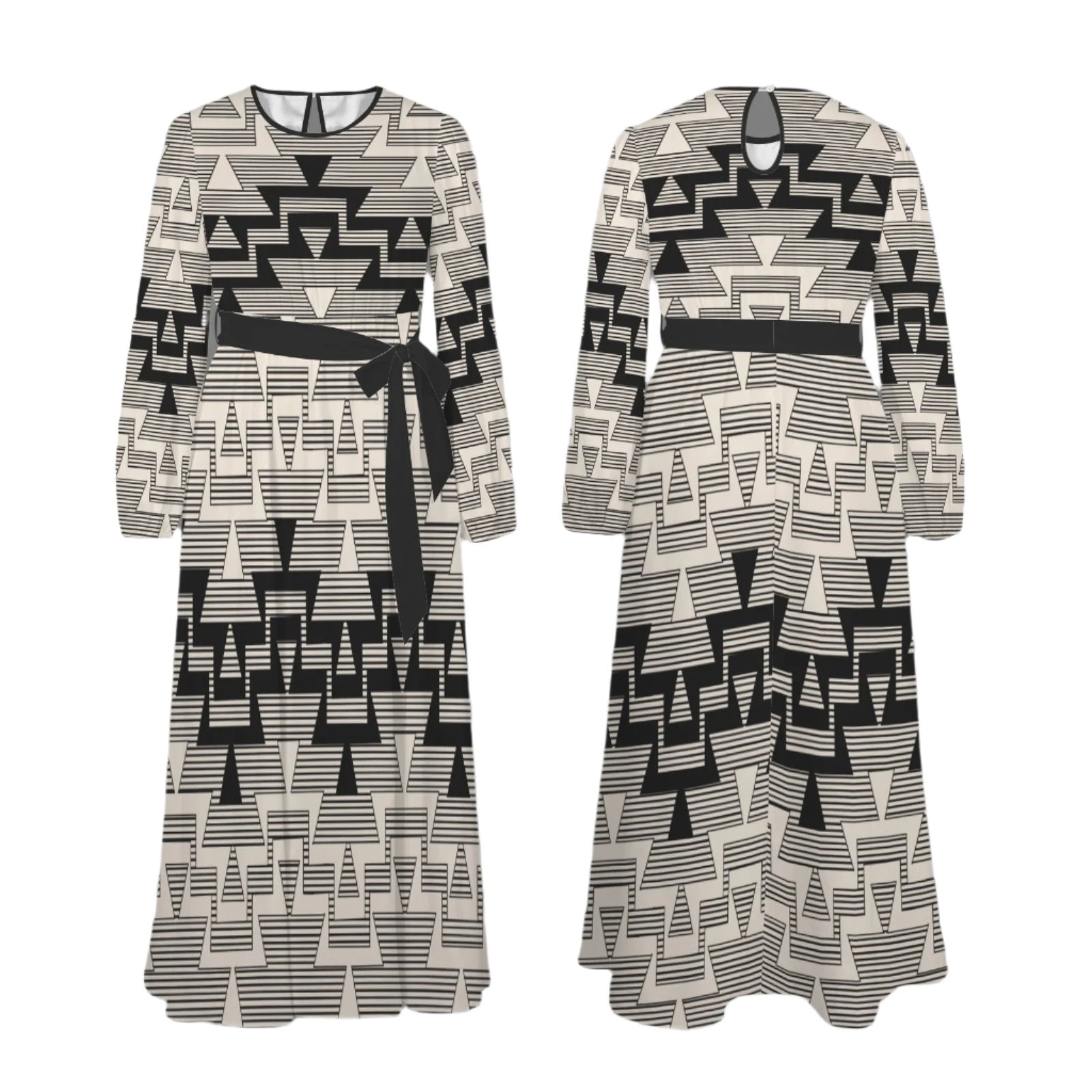 White Elk Horne Round Neck Long Sleeve Belted maxi dress