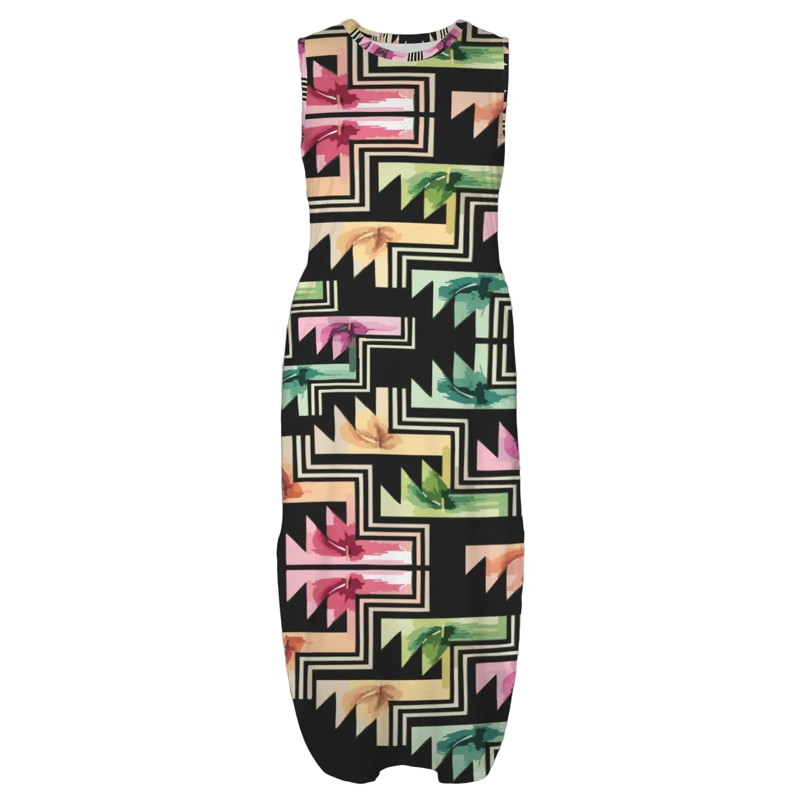 Women's Floral Print Round Neck Sundress Pocket Maxi Dress