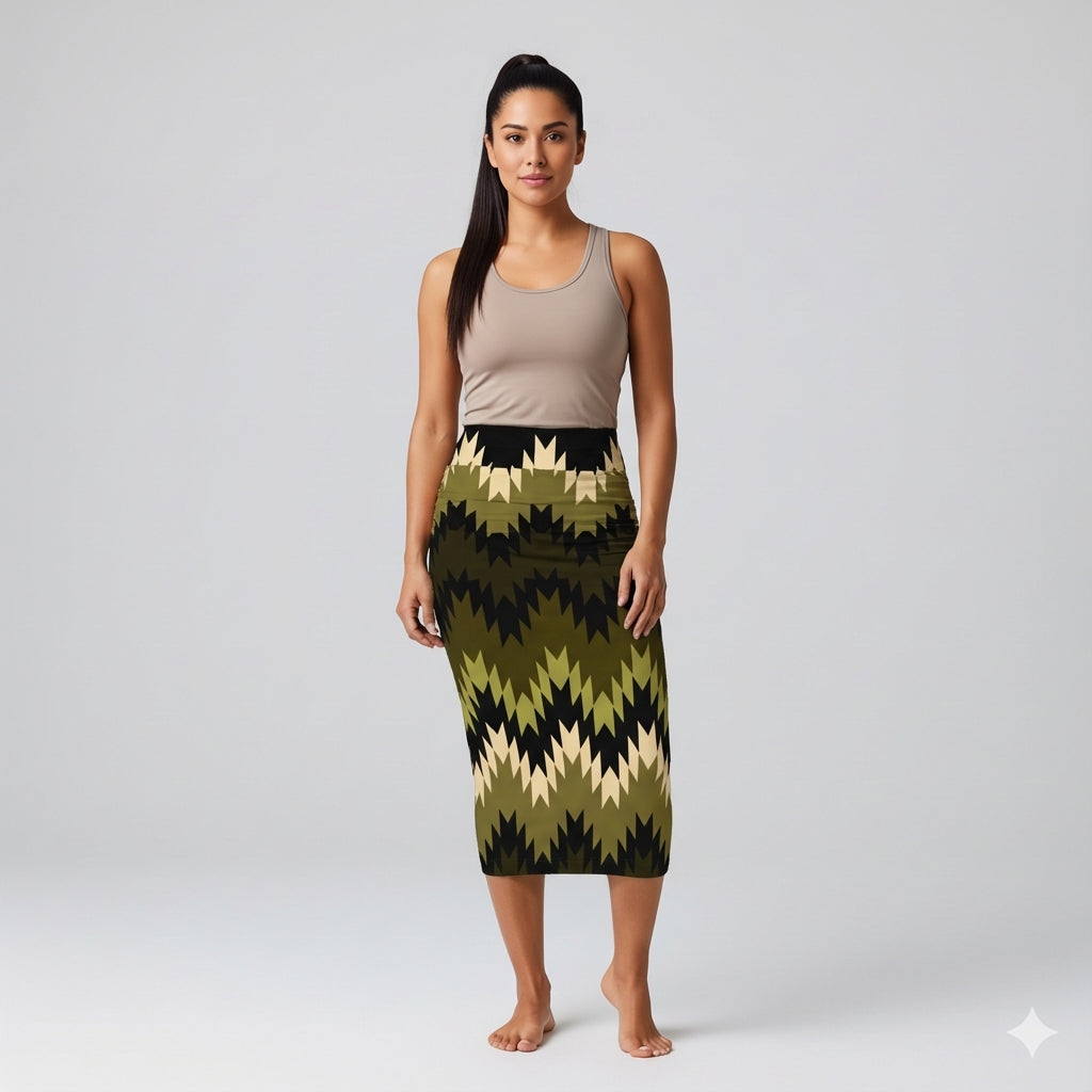 Hazel Green Swallows Tail Midi Skirt